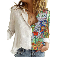Women Portrait Print Turn-down Collar Button Blouse Shirt 2020 Autumn Long Sleeve Tops Lady New Casual Plus Size Vintage Blouses