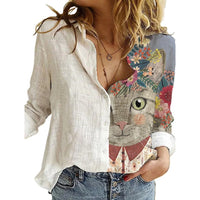 Women Portrait Print Turn-down Collar Button Blouse Shirt 2020 Autumn Long Sleeve Tops Lady New Casual Plus Size Vintage Blouses