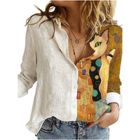 Women Portrait Print Turn-down Collar Button Blouse Shirt 2020 Autumn Long Sleeve Tops Lady New Casual Plus Size Vintage Blouses