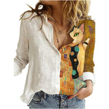 Women Portrait Print Turn-down Collar Button Blouse Shirt 2020 Autumn Long Sleeve Tops Lady New Casual Plus Size Vintage Blouses
