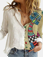 Women Portrait Print Turn-down Collar Button Blouse Shirt 2020 Autumn Long Sleeve Tops Lady New Casual Plus Size Vintage Blouses