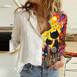 Women Portrait Print Turn-down Collar Button Blouse Shirt 2020 Autumn Long Sleeve Tops Lady New Casual Plus Size Vintage Blouses