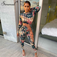 Simenual Tie Dye Bandage Hollow Out Jumpsuits Long Sleeve Sexy Lace Up Bodycon Skinny Rompers Womens Jumpsuit One Piece Clubwear