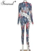 Simenual Tie Dye Bandage Hollow Out Jumpsuits Long Sleeve Sexy Lace Up Bodycon Skinny Rompers Womens Jumpsuit One Piece Clubwear