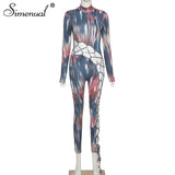 Simenual Tie Dye Bandage Hollow Out Jumpsuits Long Sleeve Sexy Lace Up Bodycon Skinny Rompers Womens Jumpsuit One Piece Clubwear