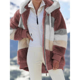 2021 Oversized Winter Women Jacket Fashion Plush Patchwork Zipper Pocket Hooded Jacket Retro Loose Long Sleeve Women's Coat