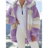 2021 Oversized Winter Women Jacket Fashion Plush Patchwork Zipper Pocket Hooded Jacket Retro Loose Long Sleeve Women's Coat