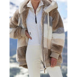 2021 Oversized Winter Women Jacket Fashion Plush Patchwork Zipper Pocket Hooded Jacket Retro Loose Long Sleeve Women's Coat