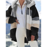 2021 Oversized Winter Women Jacket Fashion Plush Patchwork Zipper Pocket Hooded Jacket Retro Loose Long Sleeve Women's Coat