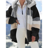 2021 Oversized Winter Women Jacket Fashion Plush Patchwork Zipper Pocket Hooded Jacket Retro Loose Long Sleeve Women's Coat