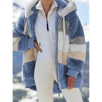 2021 Oversized Winter Women Jacket Fashion Plush Patchwork Zipper Pocket Hooded Jacket Retro Loose Long Sleeve Women's Coat