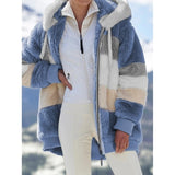 2021 Oversized Winter Women Jacket Fashion Plush Patchwork Zipper Pocket Hooded Jacket Retro Loose Long Sleeve Women's Coat