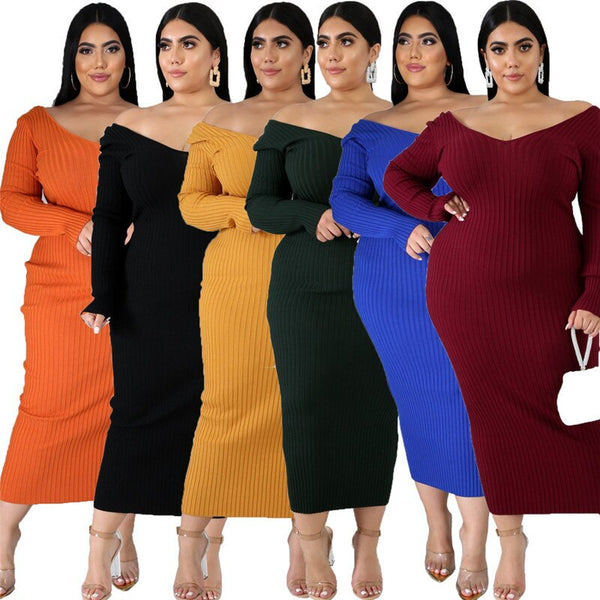 Plus Size Dress Women Casual Winter Clothing Solid Color Bodycon Knit Sexy V-neck XXXXL Long Party Dresses Wholesale Dropshpping