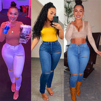 Women Casual Jeans Spring /Summer New Washed Distressed Holes Stretch Skinny Jeans Solid Color Denim Pants Ladies Pencil Pants