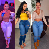 Women Casual Jeans Spring /Summer New Washed Distressed Holes Stretch Skinny Jeans Solid Color Denim Pants Ladies Pencil Pants