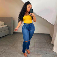 Women Casual Jeans Spring /Summer New Washed Distressed Holes Stretch Skinny Jeans Solid Color Denim Pants Ladies Pencil Pants