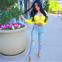 Women Casual Jeans Spring /Summer New Washed Distressed Holes Stretch Skinny Jeans Solid Color Denim Pants Ladies Pencil Pants