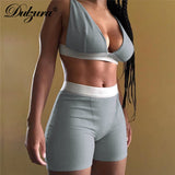 Dulzura Ribbed Patchwork Women Two Piece Set Bra Crop Top Biker Shorts Suits Bodycon Sexy Streetwear Matching Sporty Tracksuit