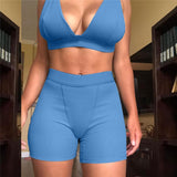 Dulzura Ribbed Patchwork Women Two Piece Set Bra Crop Top Biker Shorts Suits Bodycon Sexy Streetwear Matching Sporty Tracksuit