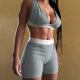 Dulzura Ribbed Patchwork Women Two Piece Set Bra Crop Top Biker Shorts Suits Bodycon Sexy Streetwear Matching Sporty Tracksuit