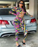 CHRONSTYLE Jumpsuits 2020 Sexy Women Hollow Out Lace-up One-piece Clubwear Streetwear Long Sleeve Bodycon Floral Print Rompers