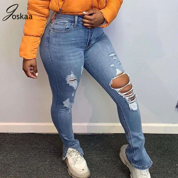 Joskaa Stacked Sweatpants Ripped Jeans For Women High Waist Thick Vintage Split Hem Holes Bell Bottom Jean Denim Pants Trousers