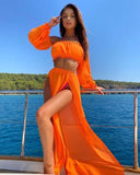Women's Clothing Set Off Shoulder Long Sleeve Crop Tops and Cover Up Skirt Two-piece Suit for Travelling Beach Vacation