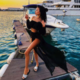 Women's Clothing Set Off Shoulder Long Sleeve Crop Tops and Cover Up Skirt Two-piece Suit for Travelling Beach Vacation