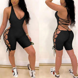 Plus size dress Women Solid Color Sexy Backless Sleeveless Deep V Halter Romper Lace-up Jumpsuit set