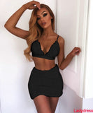 2020 new Women Plush Two Piece Sets Sexy V Neck Halter Lace Up Backless Bra Crop Top+High Waist Slim Mini Skirts Summer Soft Lad