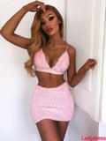 2020 new Women Plush Two Piece Sets Sexy V Neck Halter Lace Up Backless Bra Crop Top+High Waist Slim Mini Skirts Summer Soft Lad