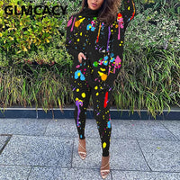 Women Two Piece Causal Printed Suits Batwing Sleeve Turtle Neck Top & Skinny Pants Set