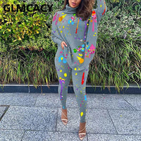 Women Two Piece Causal Printed Suits Batwing Sleeve Turtle Neck Top & Skinny Pants Set