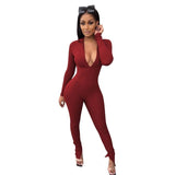 Echoine spring Autumn Women Solid Ribbed Knit Zipper stacked leggings Jumpsuit Party Club Bodycon Active Rompers Overalls Outfit