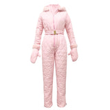 Womail One Piece Ski Suit Women Jackets Winter Hooded Oversized Jumpsuit Cotton Slim Sashes Jumpsuits Zipper Overalls Tracksuits