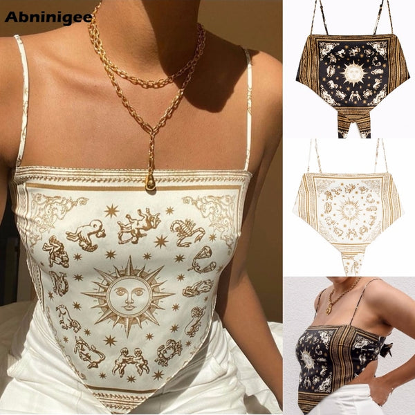 Women's Backless Camisole Sexy Back Lace-up Spaghetti Strap Tank Tops Hem Asymmetric Top Ladies Printed T Shirt Summer 2020
