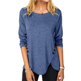 Button O Neck Long Sleeved Tunic T-Shirt Women Clothing Solid Color Loose Casaul Irregular Long Pullovers Tops Tee Shirt Femme