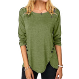 Button O Neck Long Sleeved Tunic T-Shirt Women Clothing Solid Color Loose Casaul Irregular Long Pullovers Tops Tee Shirt Femme