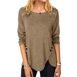 Button O Neck Long Sleeved Tunic T-Shirt Women Clothing Solid Color Loose Casaul Irregular Long Pullovers Tops Tee Shirt Femme