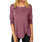 Button O Neck Long Sleeved Tunic T-Shirt Women Clothing Solid Color Loose Casaul Irregular Long Pullovers Tops Tee Shirt Femme