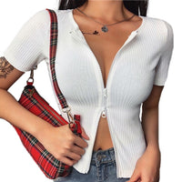 Women Front Zipper Ribbed Crop Top Autumn Solid Color Zip Long Sleeve V Neck Tight Knitwear T Shirts Tops