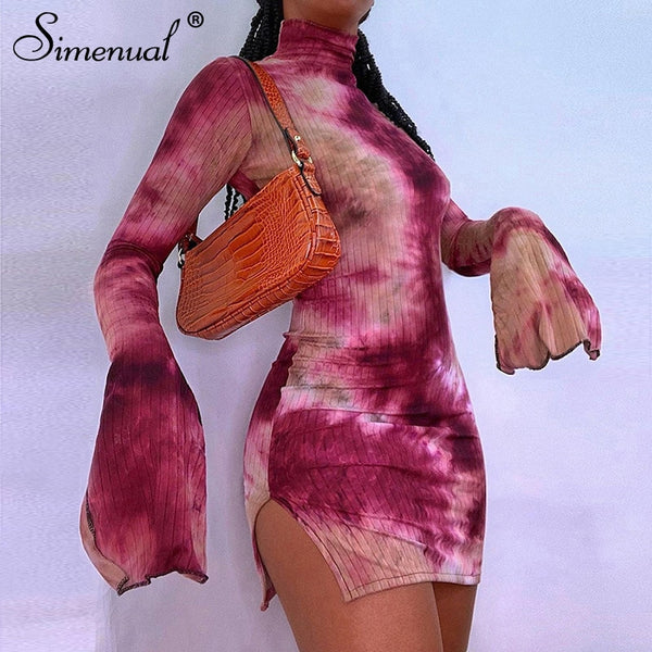 Simenual Tie Dye Mock Neck Bodycon Dresses For Women Side Split Ribbed Long Sleeve Clubwear Midnight Outfit Party Mini Dress Hot