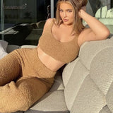 Fur Two Piece Outfits Sexy Backless Crop Tops Women Outfits Matching Set Top And High Waist Pants Party Clubwear