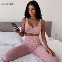 Fur Two Piece Outfits Sexy Backless Crop Tops Women Outfits Matching Set Top And High Waist Pants Party Clubwear