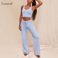 Fur Two Piece Outfits Sexy Backless Crop Tops Women Outfits Matching Set Top And High Waist Pants Party Clubwear