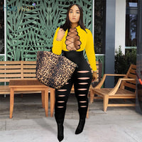 HAOYUAN Sexy Plus Size Bodycon Jumpsuit Long Sleeve Bandage Hollow Women Festival Clothing Fashion Streetwear One Piece Outfits