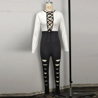 HAOYUAN Sexy Plus Size Bodycon Jumpsuit Long Sleeve Bandage Hollow Women Festival Clothing Fashion Streetwear One Piece Outfits