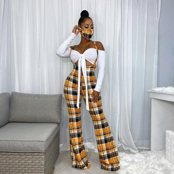 hirigin Plaid Jumpsuit Two Piece Set Women Bodycon Crop Top Long Sleeve Bowknot Tops Romper Pants Autumn Sexy Overalls Suits