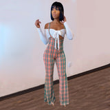 hirigin Plaid Jumpsuit Two Piece Set Women Bodycon Crop Top Long Sleeve Bowknot Tops Romper Pants Autumn Sexy Overalls Suits