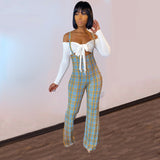hirigin Plaid Jumpsuit Two Piece Set Women Bodycon Crop Top Long Sleeve Bowknot Tops Romper Pants Autumn Sexy Overalls Suits